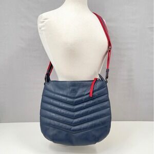 Mywalit Womens Leather Crossbody Bag Navy Blue Chevron Quilted Striped Strap Y2K